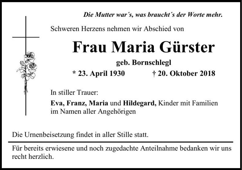 Traueranzeige Maria Gürster