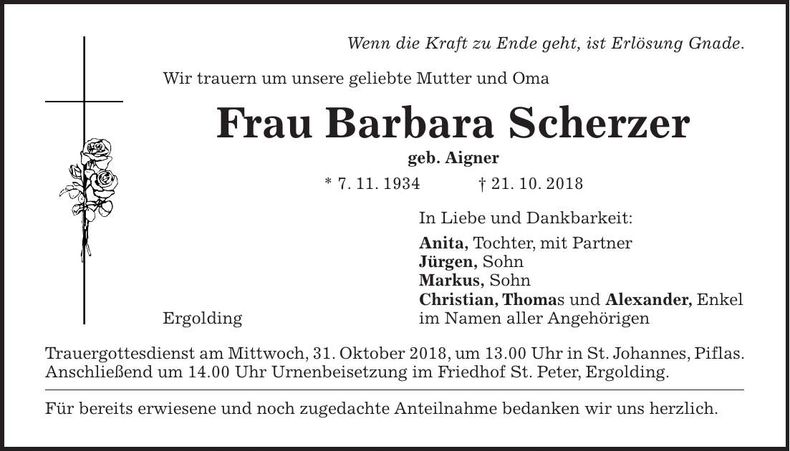 Traueranzeige Barbara Scherzer