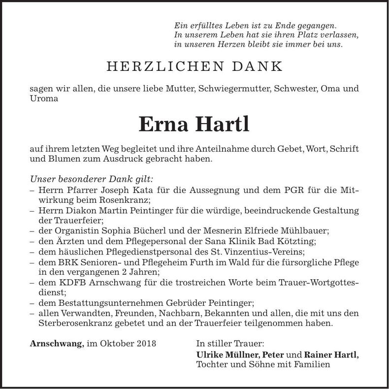 Traueranzeige Erna Hartl