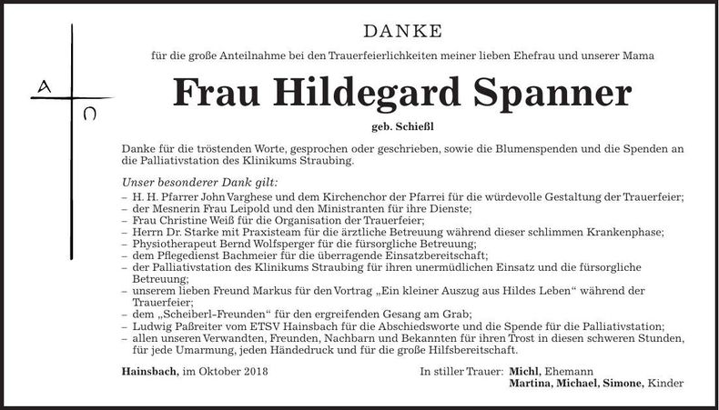 Traueranzeige Hildegard Spanner