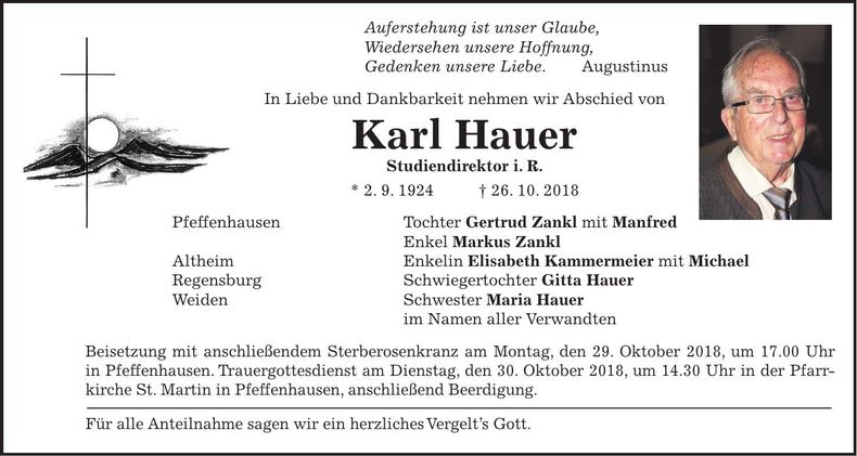 Traueranzeige Karl Hauer