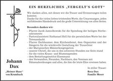 Traueranzeige Johann Dax