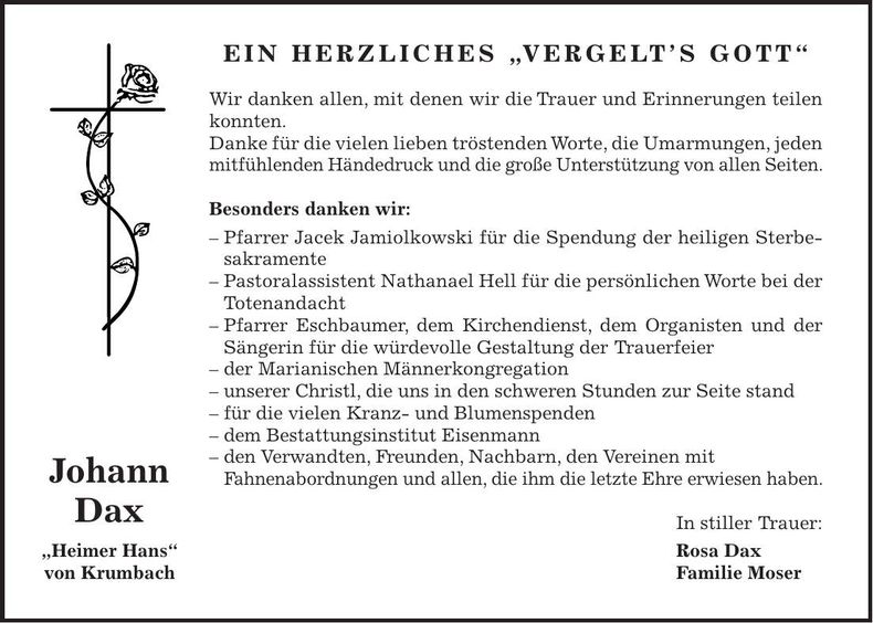 Traueranzeige Johann Dax