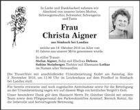 Traueranzeige Christa Aigner