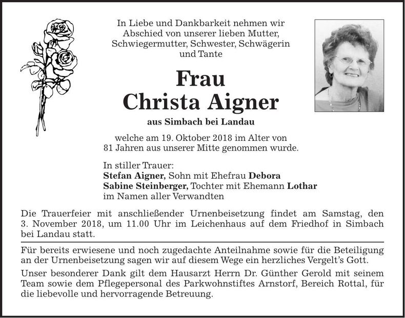 Traueranzeige Christa Aigner