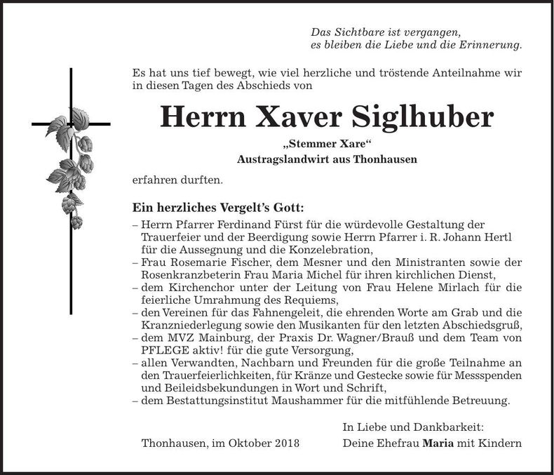 Traueranzeige Xaver Siglhuber