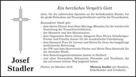 Traueranzeige Josef Stadler
