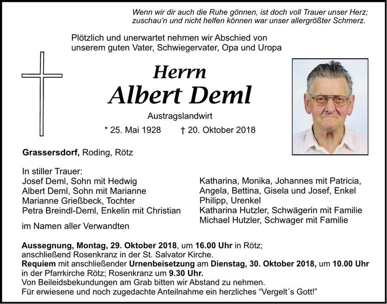 Traueranzeige Albert Deml