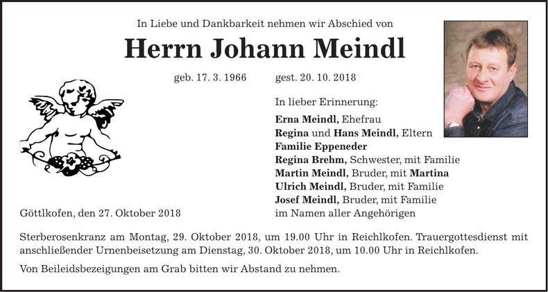 Traueranzeige Johann Meindl