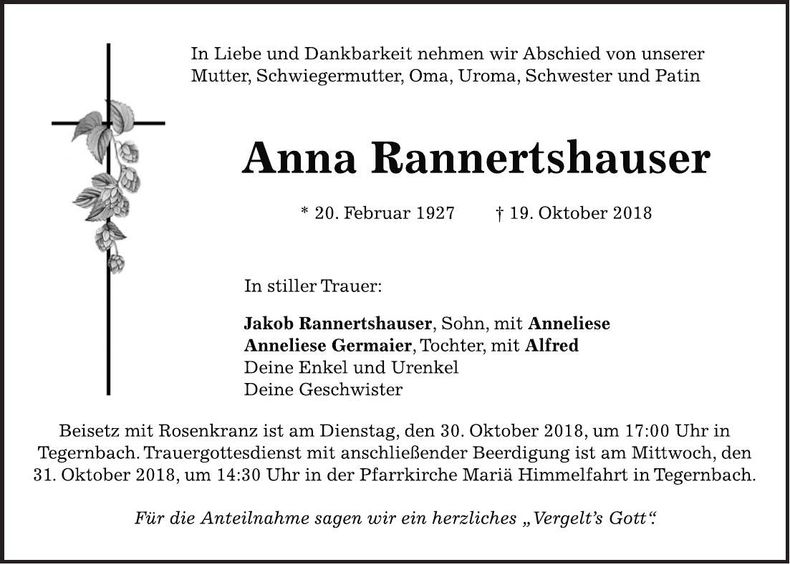 Traueranzeige Anna Rannertshauser
