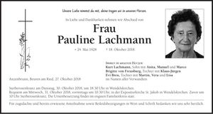 Traueranzeige Pauline Lachmann