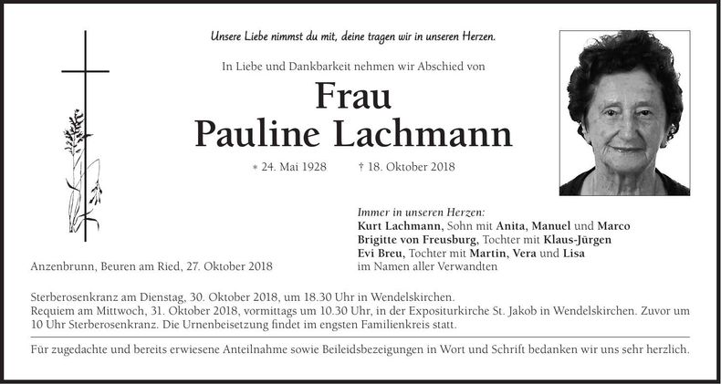 Traueranzeige Pauline Lachmann