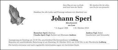 Traueranzeige Johann Sperl