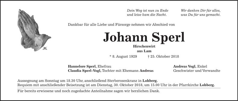 Traueranzeige Johann Sperl