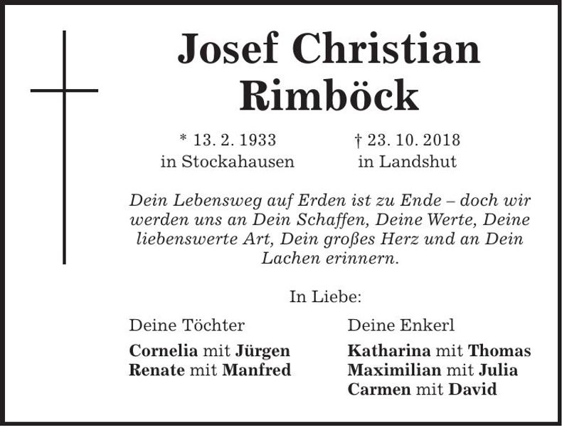 Traueranzeige Josef Christian Rimböck