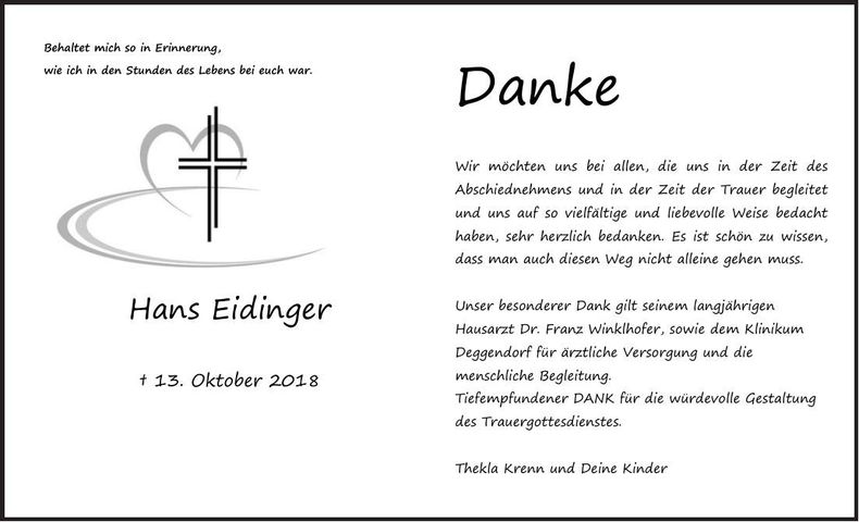 Traueranzeige Hans Eidinger