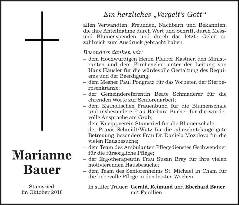 Traueranzeige Marianne Bauer