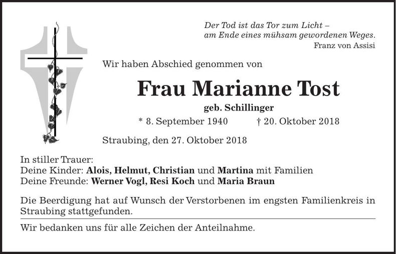 Traueranzeige Marianne Tost