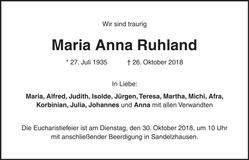 Traueranzeige Maria Anna Ruhland