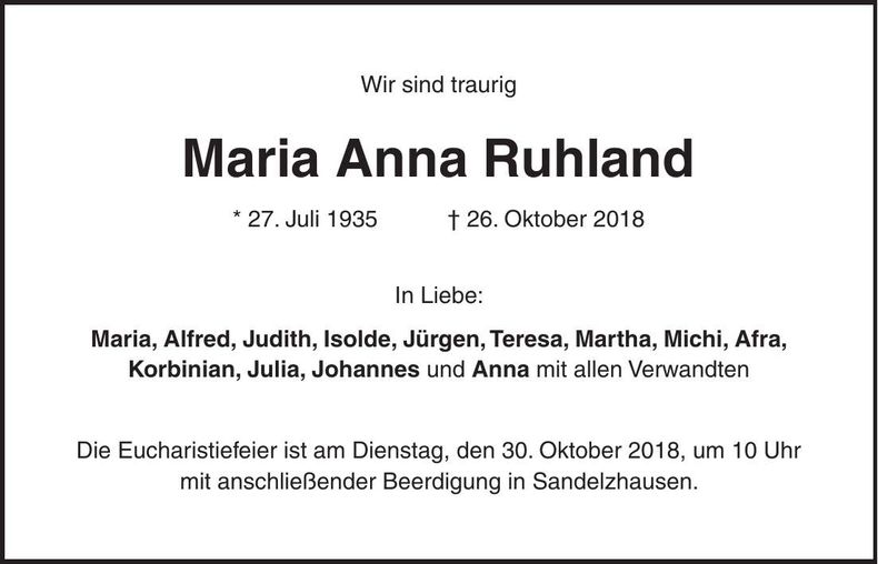 Traueranzeige Maria Anna Ruhland
