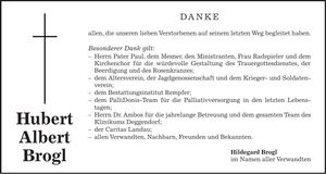 Traueranzeige Hubert Albert Brogl