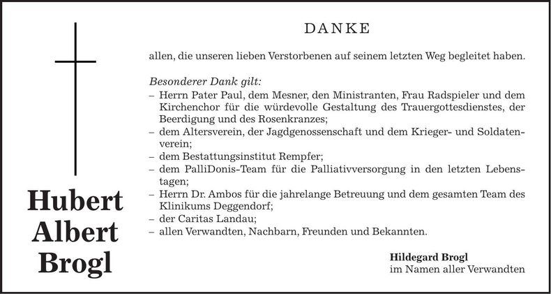 Traueranzeige Hubert Albert Brogl