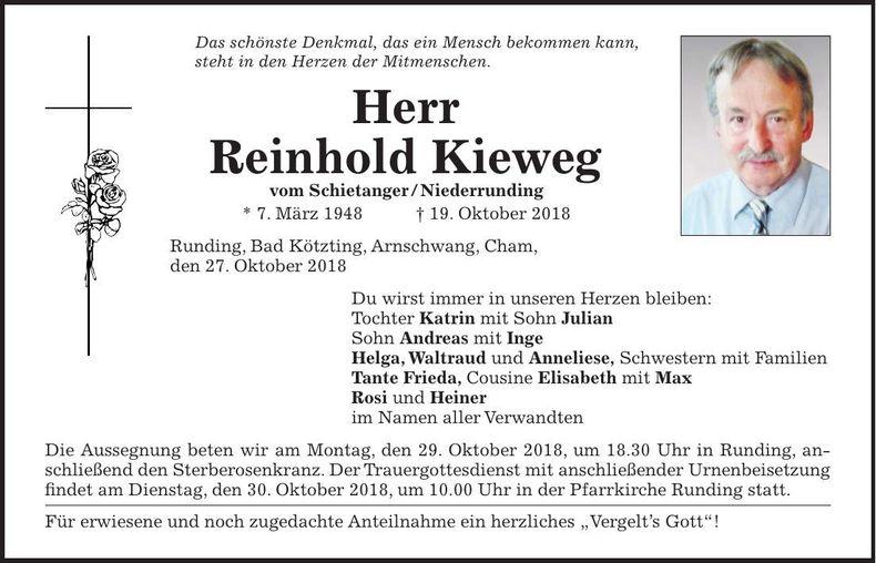 Traueranzeige Reinhold Kieweg