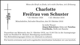 Traueranzeige Charlotte Freifrau von Schuster