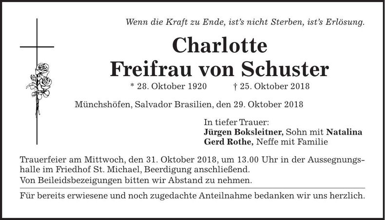 Traueranzeige Charlotte Freifrau von Schuster