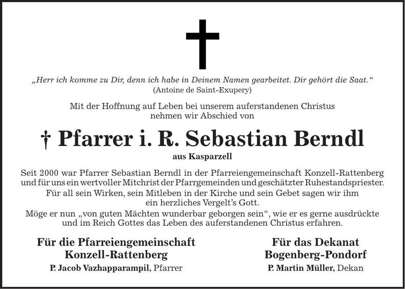 Traueranzeige Pfarrer i. R. Sebastian Berndl