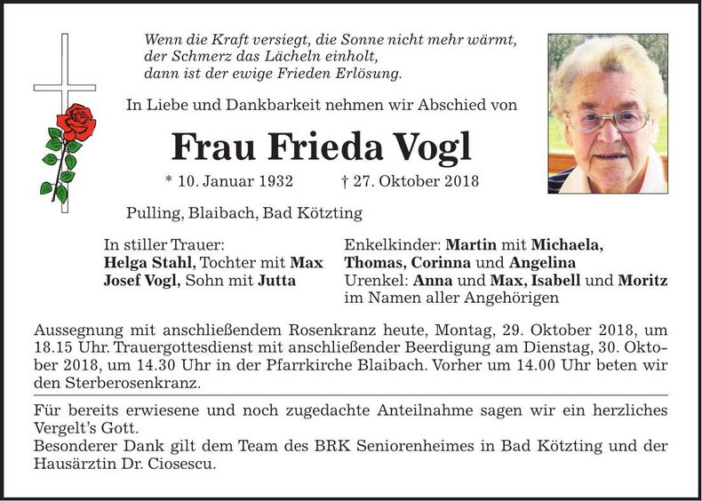 Traueranzeige Frieda Vogl