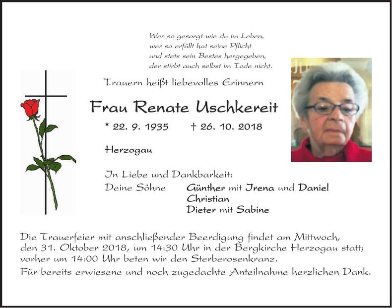 Traueranzeige Renate Uschkereit