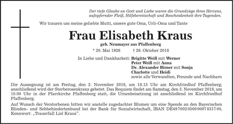 Traueranzeige Elisabeth Kraus