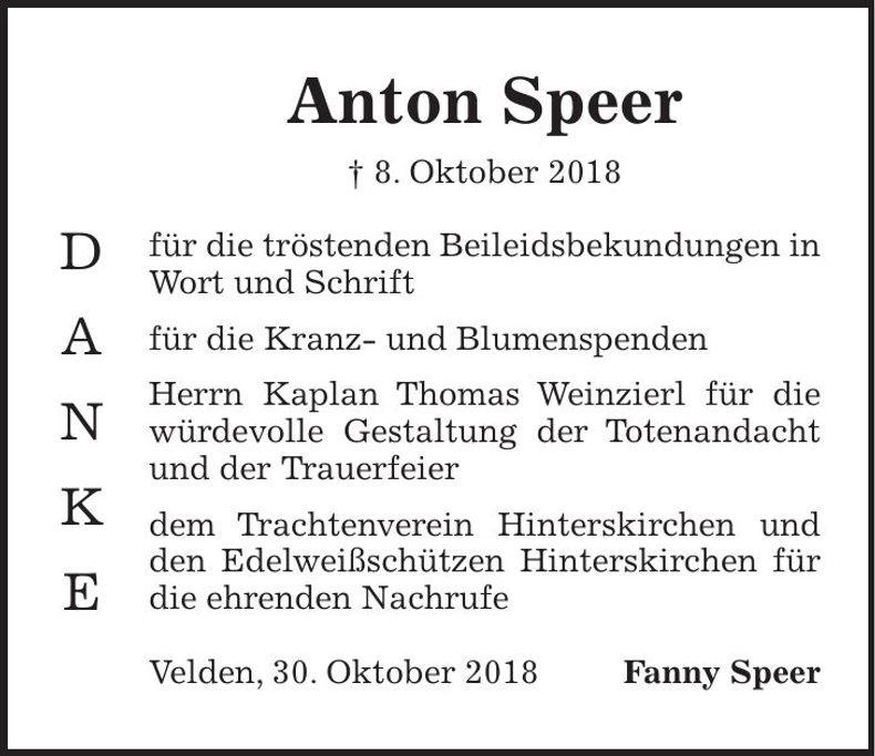 Traueranzeige Anton Speer