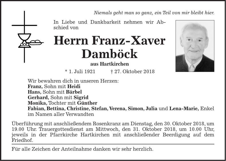 Traueranzeige Franz-Xaver Damböck