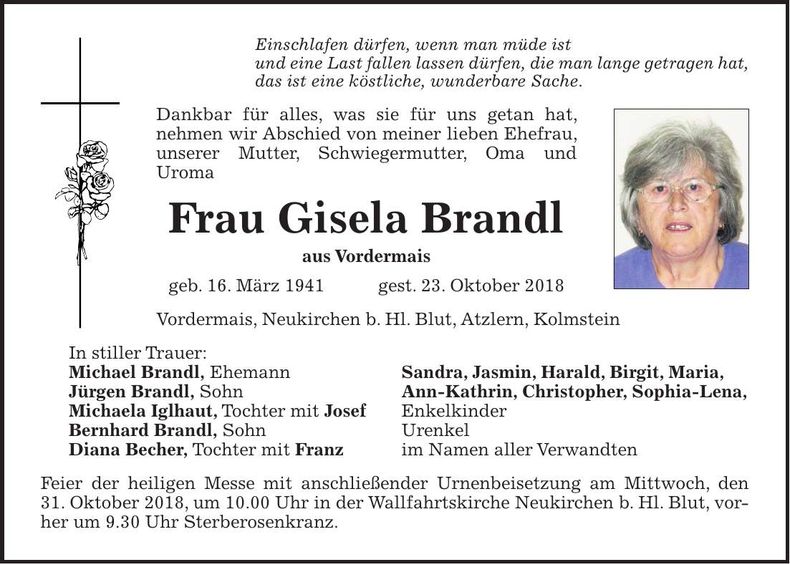 Traueranzeige Gisela Brandl