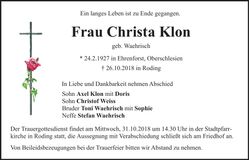 Traueranzeige Christa Klon