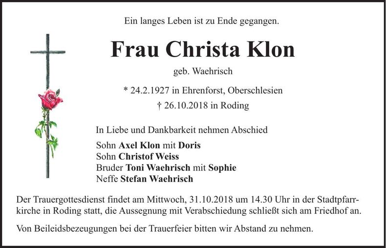 Traueranzeige Christa Klon