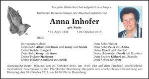 Traueranzeige Anna Inhofer