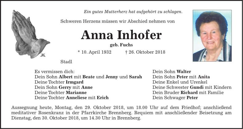 Traueranzeige Anna Inhofer