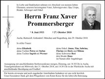 Traueranzeige Franz Xaver Prommersberger