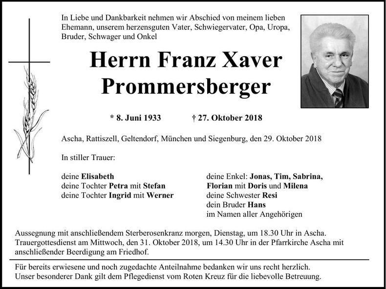 Traueranzeige Franz Xaver Prommersberger