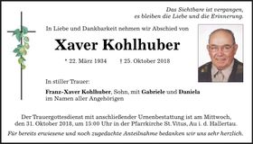 Traueranzeige Xaver Kohlhuber