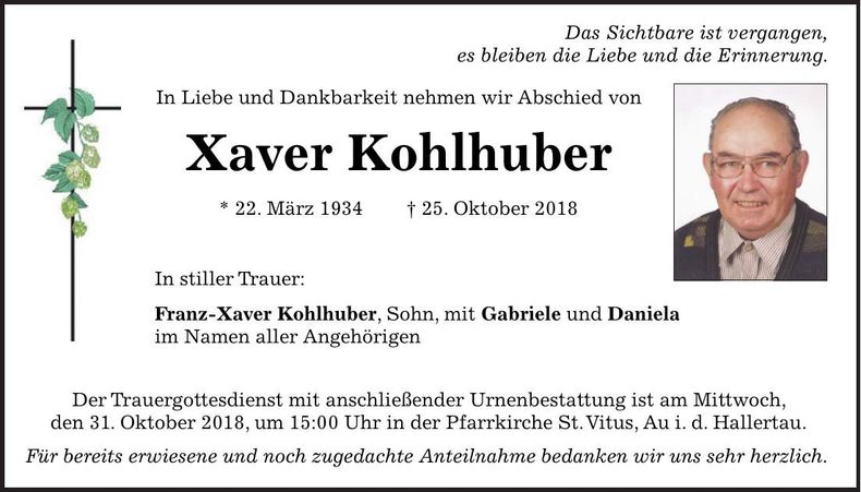 Traueranzeige Xaver Kohlhuber