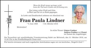 Traueranzeige Paula Lindner