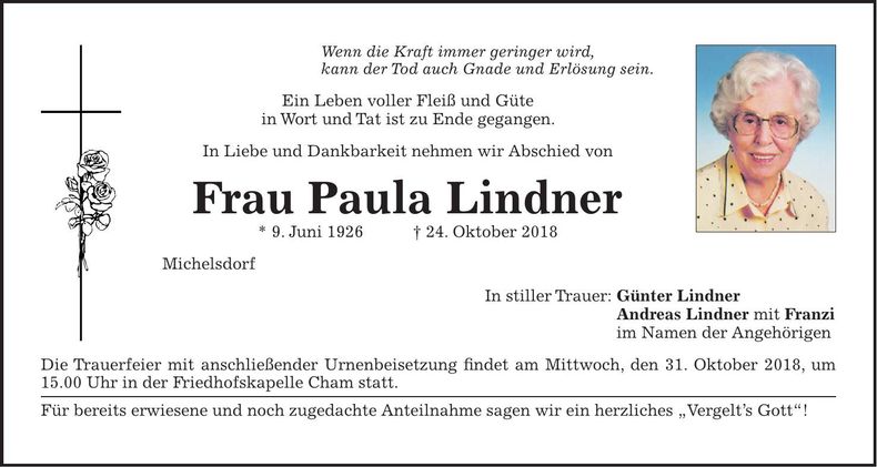 Traueranzeige Paula Lindner