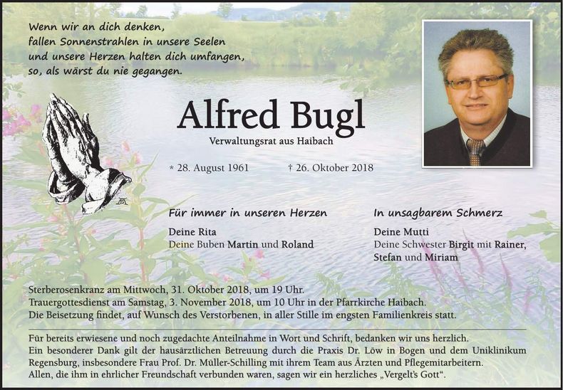 Traueranzeige Alfred Bugl