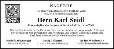Traueranzeige Karl Seidl