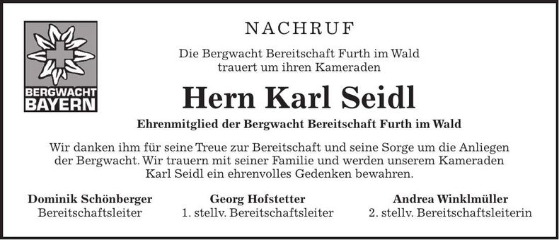 Traueranzeige Karl Seidl