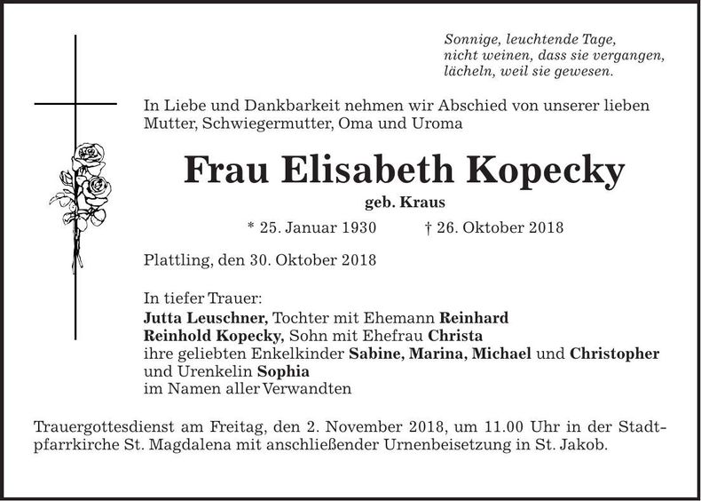 Traueranzeige Elisabeth Kopecky